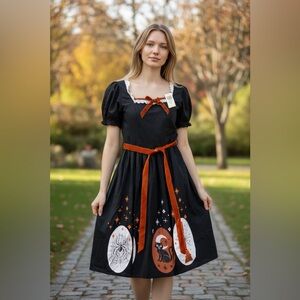 Hocus Pocus Halloween Dress Black Orange Retro Style Fit & Flare Size M